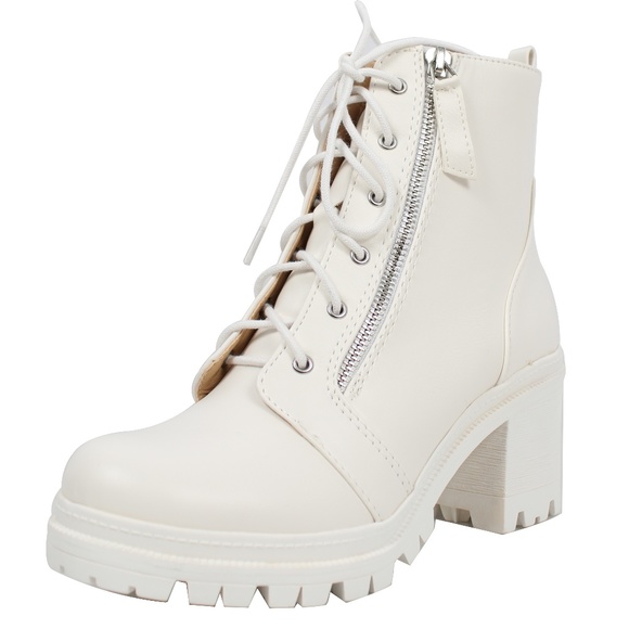 Shoes - White Lace Up Combat Block Heel Ankle Bootie